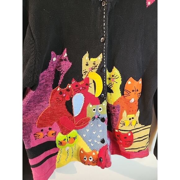 Vintage 1990s Terazzo Pink Cat Cardigan Sweater Art Deco Cars Modern Large - Picture 2 of 7